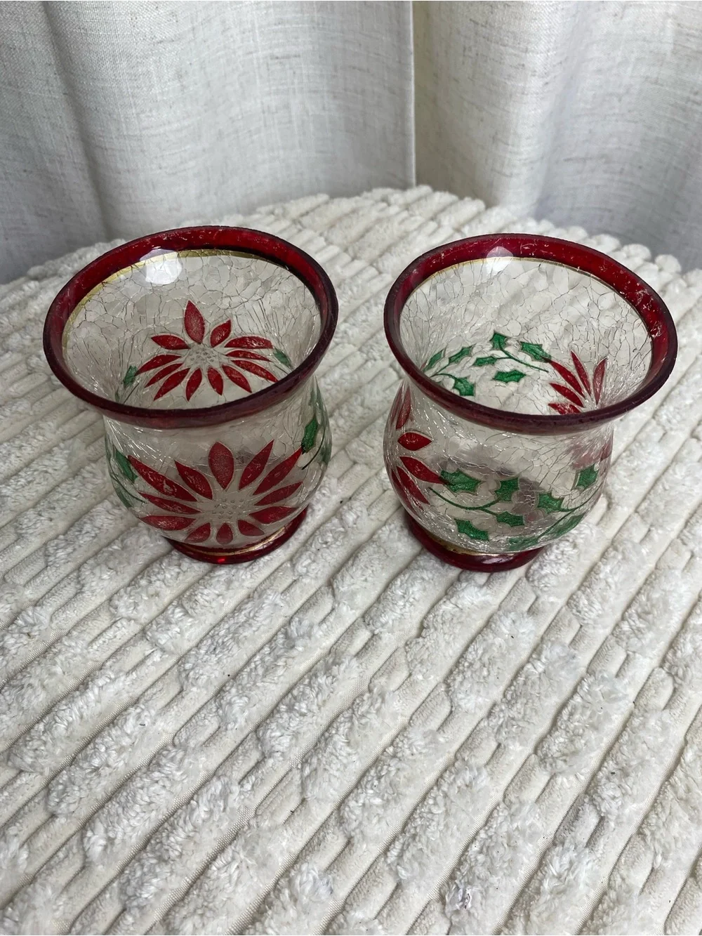 Vtg Crackle Glass Christmas Votive Candle Holders Red Poinsettia Pair 4